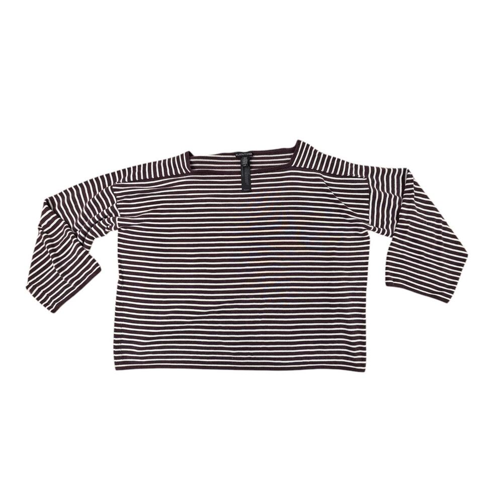 EILEEN FISHER Tunic Top Brown Long Sleeve Boat Neck Tencel Striped Women Size L
